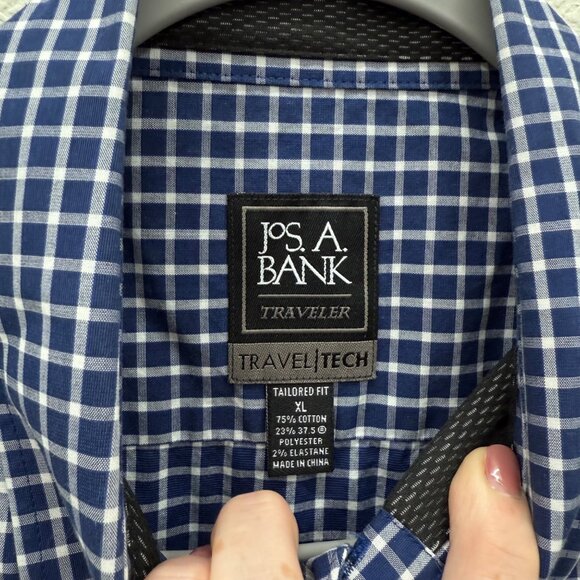 Jos A Bank Traveler Tech Tailored Fit Blue White Plaid Button Up Shirt Mens XL - Picture 2 of 6